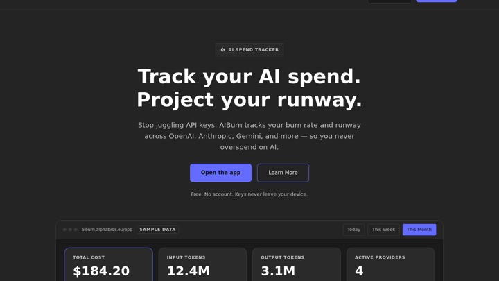 AIBurn — Every AI bill in one dashboard. Usage, spend and plan limits across every provider you use.